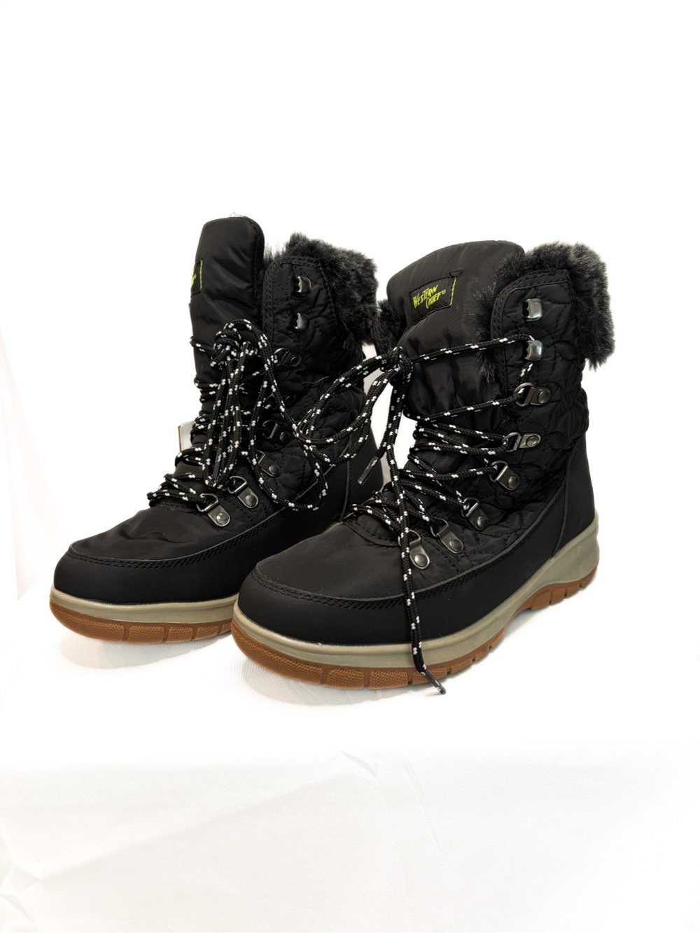 Western Chief Black Faux-Fur Trim Lace-Up Winter Boots with Brown Sole